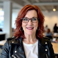 Woman smiling in a leather jacket